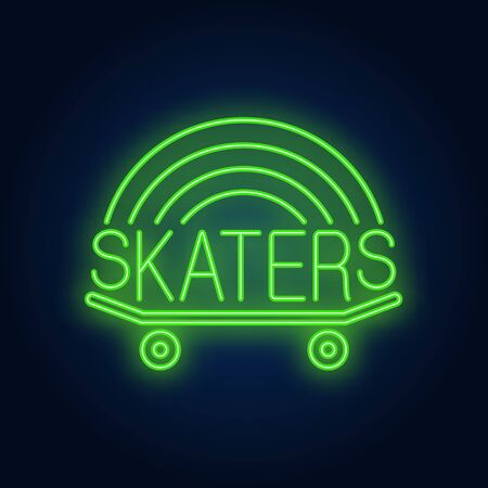 Skaters neon word on skateboard. Neon sign, night bright advertisement, colorful signboard, light banner. Vector illustration in neon style.のイラスト素材