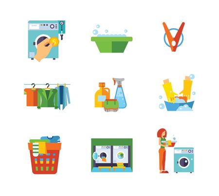 Laundry icon set. Hand putting icon Basin Pin Clothes drying Detergents and brush Hands washing clothes Laundry basket Laundry interior with washing machines Woman loading dirty clothesの写真素材