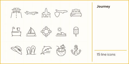 Journey line icon set. Airplane, hotel room, flip flops. Vacation concept. Can be used for topics like travel, beach, tropical resortのイラスト素材