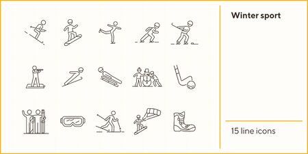 Winter sport thin line icon set. Skating, biathlon, bobsleigh sign pack. Winter sports concept. Vector illustration symbol elements for web design and appsのイラスト素材