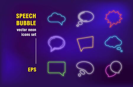 Speech bubbles neon signs set. Cloud, burst, thought bubble, online chat, communication. Night bright advertising. Vector illustration in neon style for banners, posters, flyers designのイラスト素材