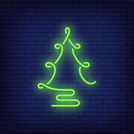Stylized fir-tree neon sign. Christmas party advertisement design. Night bright neon sign, colorful billboard, light banner. illustration in neon style.の写真素材