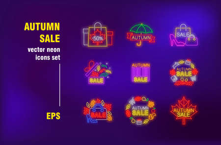 Autumn sale neon signs set. Shopping bags with fall leaves, umbrella, gift boxes. Night bright advertising. Vector illustration in neon style for retail banners, promo posters, discount flyers designのイラスト素材