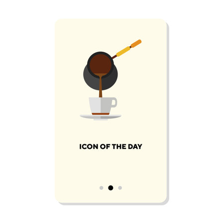 Cezve pouring coffee to cup on white background. Coffee preparation cartoon illustration. Coffee making and culture concept. Vector illustration symbol elements for web design and appsのイラスト素材