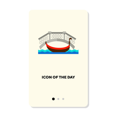 Gondola in Venice canal near bridge flat icon. Vertical sign or vector illustration of place for trip, vacation or holiday. Sightseeing, tourism, architecture concept for web design and appsのイラスト素材