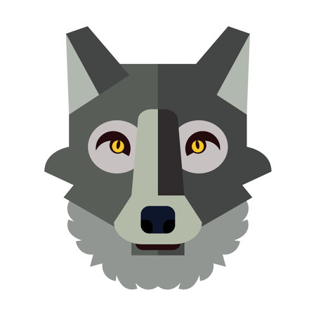 Head of gray wolf. Muzzle of wild animal cartoon illustration. Wildlife and zoo concept. Sketchy geometric character, mascot. Colored flat vector isolatedのイラスト素材