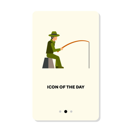 Man sitting with fishing rod flat vector icon. Cartoon drawing of angler fishing at water isolated vector illustration. Leisure, hobby, fisherman concept for web design and appsのイラスト素材
