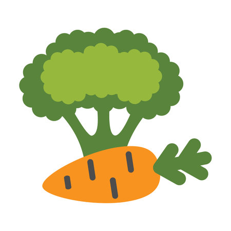 Healthy carrot and broccoli. Delicious, healthy nutritious food cartoon illustration. Vegetables concept. Colored flat vector isolated on white backgroundのイラスト素材
