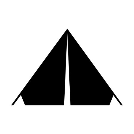 Black silhouette of tourist camping tent isolated on white. Campsite cartoon illustration. Travel and recreation concept. Simple black and white vectorのイラスト素材