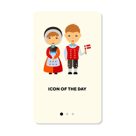 Danish couple in national costumes flat vector icon. Northern Europe traditional clothes and flags isolated vector illustration. History, ethnicity, tradition concept for web design and appsのイラスト素材