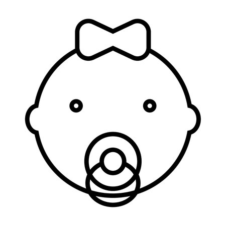 Baby girl face with pacifier in mouth isolated on white. Childhood, motherhood and newborn care. Children pictogram symbol. Simple thin line black and white vector iconのイラスト素材