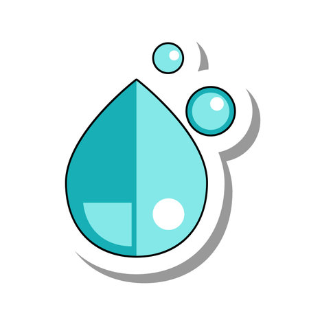 Drop of transparent pure water sticker. Laboratory equipment for analyzes and experiments. Flat paper sticker isolated on white backgroundのイラスト素材