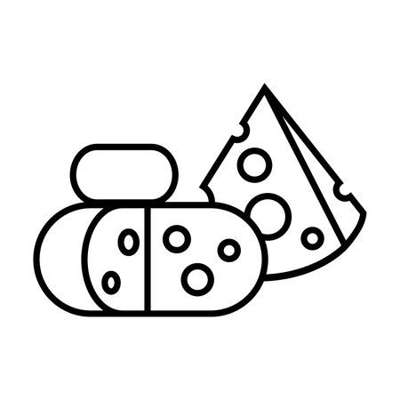 Cheese cut into large pieces isolated on white. Healthy eating. Food pictogram symbol. Simple thin line black and white vector iconのイラスト素材