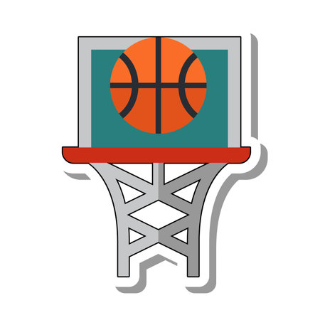 Basketball ball falling flat paper sticker icon. Hoop net and backboard, sports equipment for active sports and body strengthening isolated on white background. Sport, healthy lifestyle conceptのイラスト素材