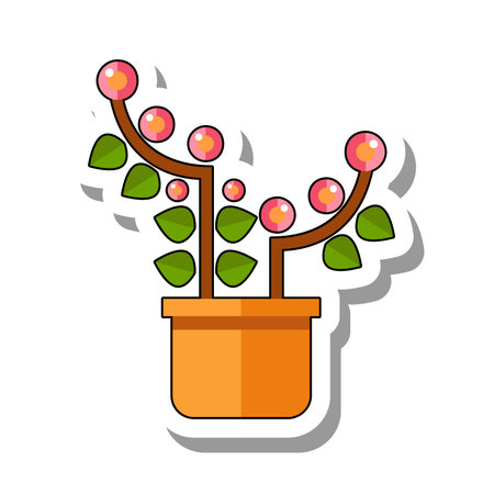 Indoor plant with small leaves. Pink berries in ceramic pot. Growing indoor plant in ceramic pot. Flat paper sticker isolated on white backgroundのイラスト素材