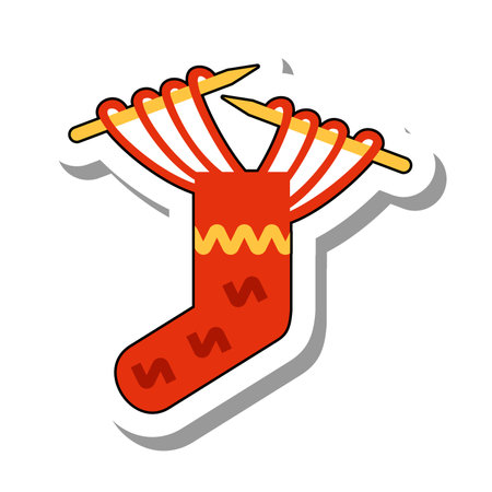 Knitting needles vector. Red wool sock. Equipment and items for needlework and tailoring concept. Flat paper sticker icon isolated on white backgroundのイラスト素材