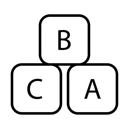 Simple outline of wooden alphabet cubes vector icon. Black line drawing or cartoon illustration of toys for kids on white background. Childhood, child care, entertainment, education conceptのイラスト素材