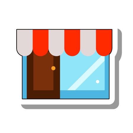 Showcase of grocery store flat paper sticker icon. Shop decoration with glass front and striped fabric canopy isolated on white background. Equipment and items for work, shopping, business conceptのイラスト素材