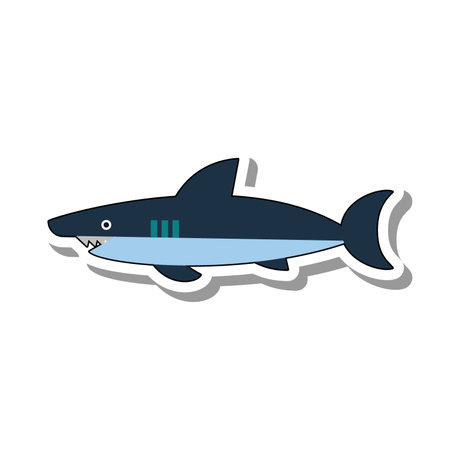 White shark with sharp dorsal fin flat paper sticker. Predatory dangerous fish, inhabitant of sea depths and oceans isolated on white background. Nature, aquarium, animals and fish conceptのイラスト素材