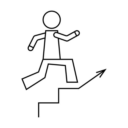 Simple outline of worker running up career ladder vector icon. Black line drawing or cartoon illustration of businessman on staircase on white background. Promotion, growth, success conceptのイラスト素材