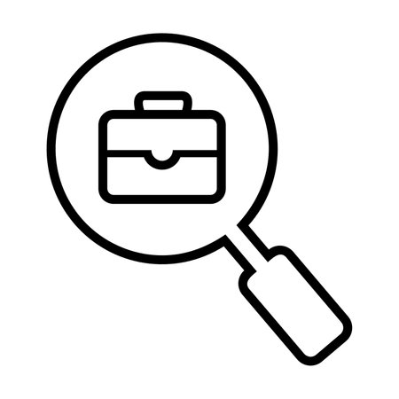 Simple outline of magnifier examining briefcase vector icon. Black line drawing or cartoon illustration of job search symbol on white background. Business, recruitment conceptのイラスト素材