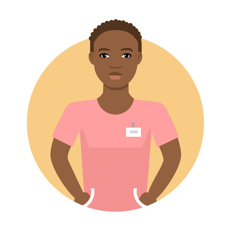 Nurse in medical uniform flat vector circle icon. Portrait of African American assistant of doctor working in hospital isolated on white background. Activities and professions, medicine conceptのイラスト素材