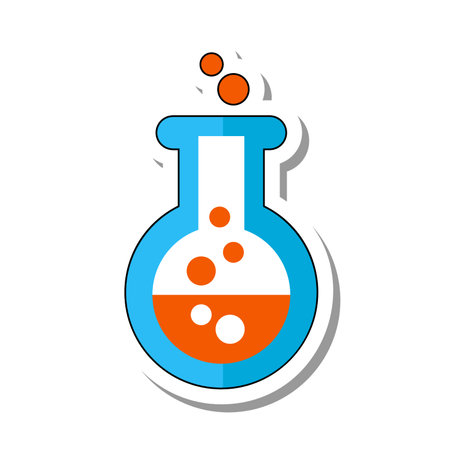 Round spherical flask for experiment flat paper sticker. Test tube with boiling chemical reagent for analyzes and research isolated on white background. Laboratory equipment, science conceptのイラスト素材