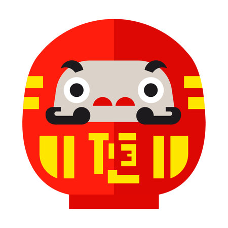 Toy in red clothes with black mustache flat vector icon. Funny round character with big eyes in traditional costume isolated on white background. Toy character, culture conceptのイラスト素材