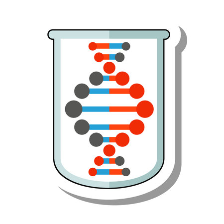 Test tube with DNA solution for experiment flat paper sticker. Flask with organic sample for analyzes of microorganisms, bacteria isolated on white background. Laboratory equipment, science conceptのイラスト素材