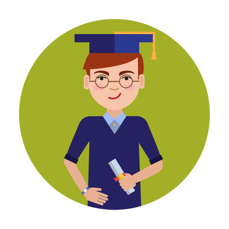Young man graduating from institute flat vector circle icon. Happy student in graduate headdress holding diploma in hand isolated on white background. Activities and professions, education conceptのイラスト素材