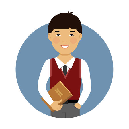 Young guy holding textbook in hand flat vector circle icon. Smart Asian student enjoying classes isolated on white background. Activities and professions, education, school conceptのイラスト素材