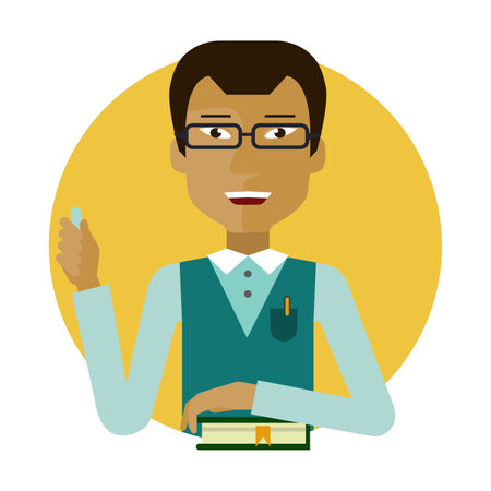 School teacher explaining lecture flat vector circle icon. Smart man in uniform teaching students in institure class isolated on white background. Activities and professions, education conceptのイラスト素材