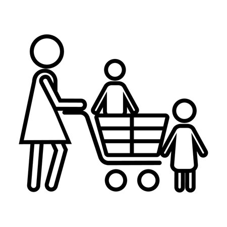 Simple outline of mother with kids and shopping cart vector icon. Black line drawing or cartoon illustration of kid in shopping cart on white background. Shopping, marketing, family conceptのイラスト素材