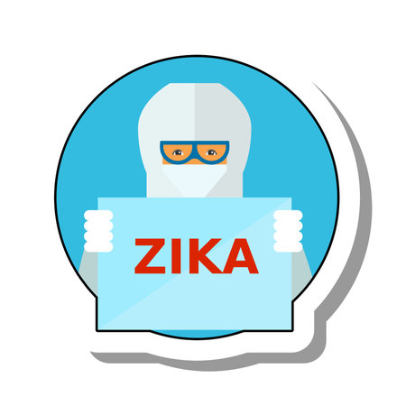 Medical worker in protective suit flat paper sticker icon. Scientist holding poster with Zika virus, studying microorganisms, bacteria and viruses, prevenring disease. Medicine, science conceptのイラスト素材