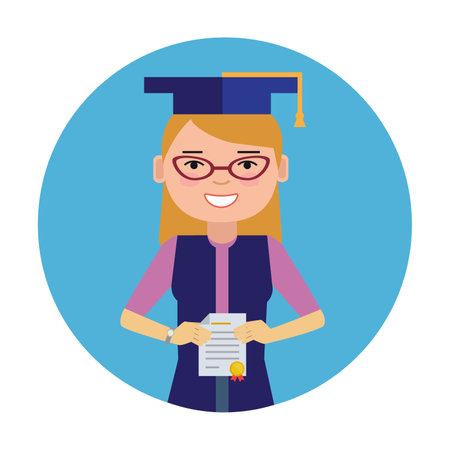Student graduating from institute flat vector circle icon. Happy girl in graduate headdress holding diploma in hand isolated on white background. Activities and professions, education conceptのイラスト素材