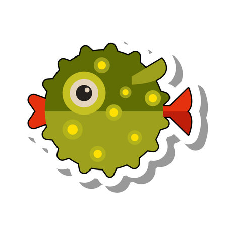 Round spiny fish ball inflated with air flat paper sticker. Small marine creature or inhabitant of sea depths and oceans isolated on white background. Nature, aquarium conceptのイラスト素材