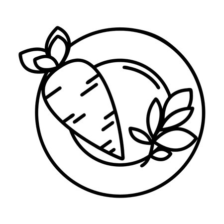 Simple outline of fresh carrot and leaf of plate vector icon. Black line drawing or cartoon illustration of ripe vegetable isolated on white background. Healthy food, harvest or agriculture conceptのイラスト素材
