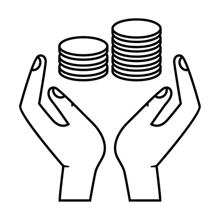 Simple outline of human hands with stacks of coins vector icon. Black line drawing or cartoon illustration of profit or savings symbol on white background. Business, investment, finances conceptのイラスト素材