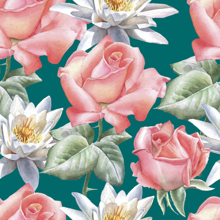 Seamless pattern with watercolor flowers. Rose and lily Hand drawn.のイラスト素材