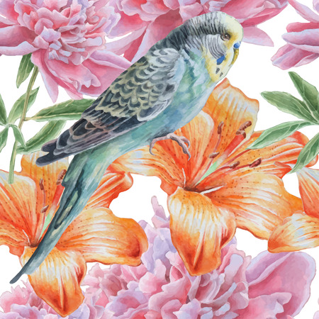 Seamless pattern with flowers and parrot. Watercolor. Vector. Hand drawn.のイラスト素材