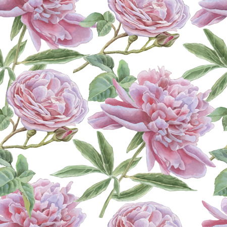 Seamless pattern with rose and peony. Watercolor Hand drawn.の写真素材