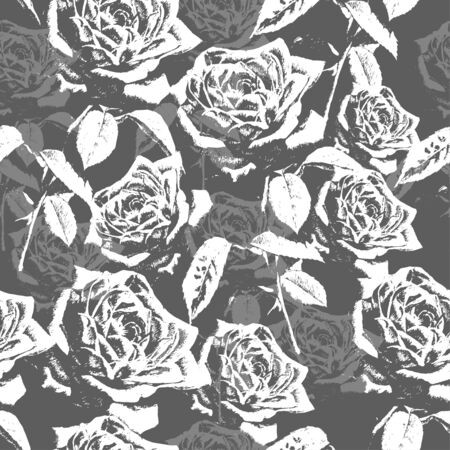Monochrome seamless pattern with roses. Vector. Hand drawn.のイラスト素材