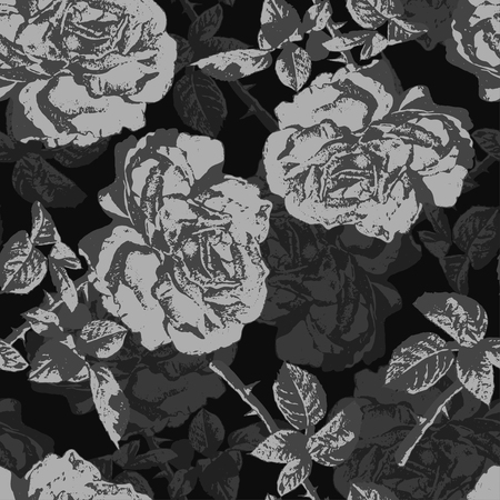 Monochrome seamless pattern with roses. Vector. Hand drawn.のイラスト素材