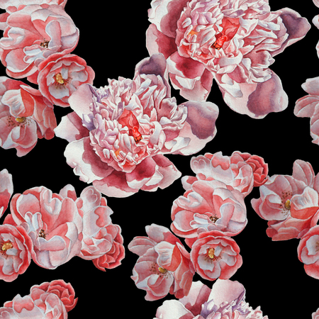 Seamless pattern with red flowers. Dog-rose. Peony.  Watercolor. Hand drawn.の写真素材