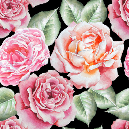 Seamless pattern with watercolor roses.  Watercolor. Hand drawn.の写真素材