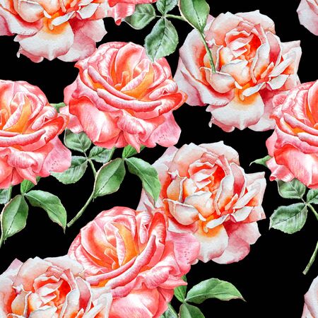 Seamless pattern with watercolor roses.  Watercolor. Hand drawn.の写真素材
