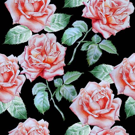 Seamless pattern with watercolor roses.  Watercolor. Hand drawn.の写真素材