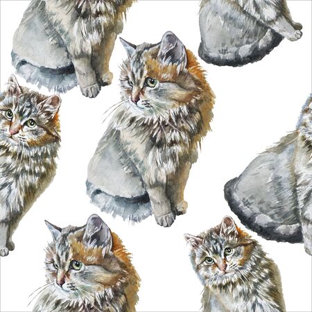 Seamless pattern with cute cats. Watercolor. Hand drawn.の写真素材