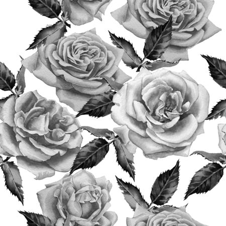 Monochrome seamless pattern with flowers. Watercolor. Hand drawn.の写真素材