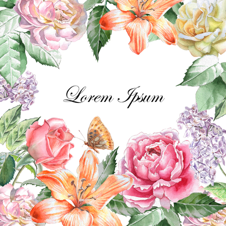 Invitation card with watercolor flowers. Hand drawn.の写真素材